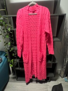 Women's Hot Pink Open-Front Cable Knit Long Cardigan Sweater